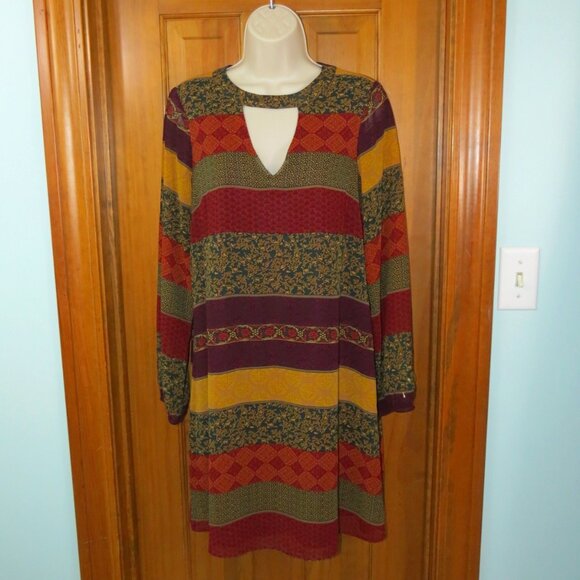 Ruff Hewn Dress Fall Colors Lightweight Sheer Long Sleeves Keyhole Neckline Sm - Picture 1 of 9